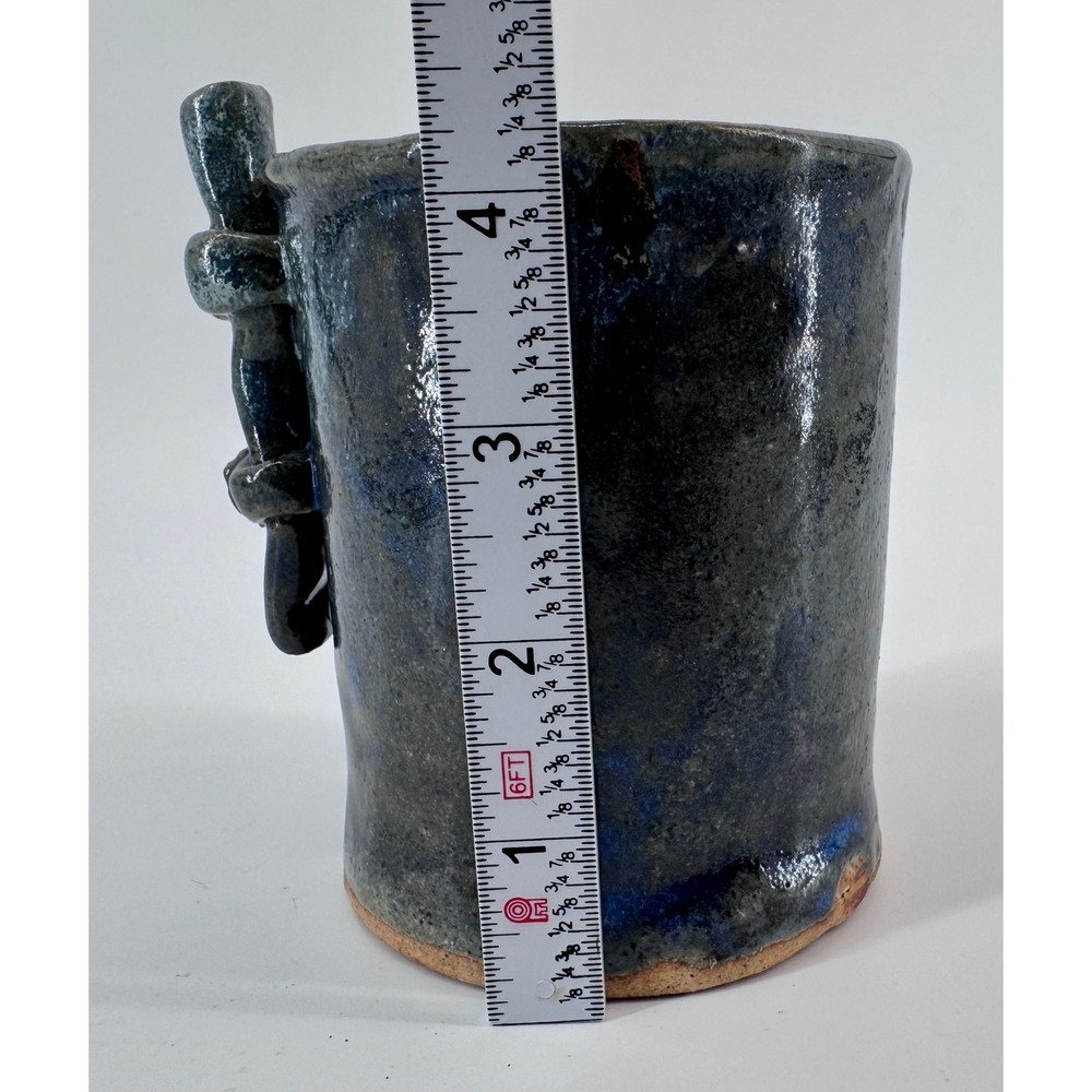 Handmade Ceramic Mug Dark Blue Glaze Textured Handle Pottery Drinkware Bamboo - Picture 10 of 13